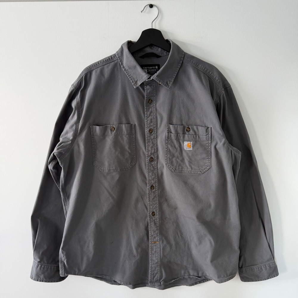 Carhartt Mens XL Rugged Flex Relaxed Fit Canvas Work Shirt Grey 103554